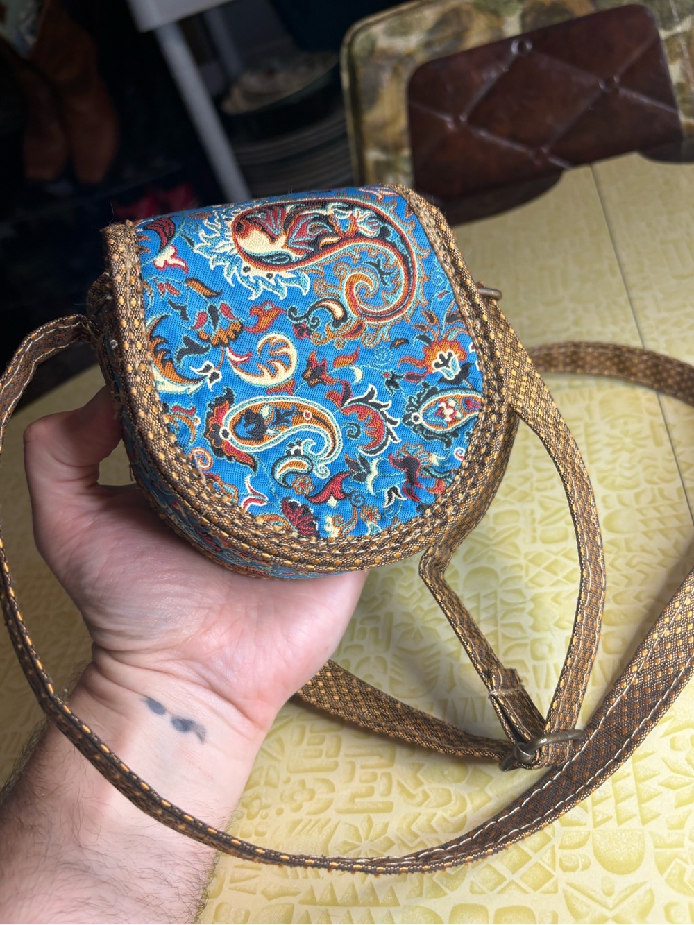 Handcrafted Blue Paisley Crossbody Bag with Brown Trim - Picture 4 of 9